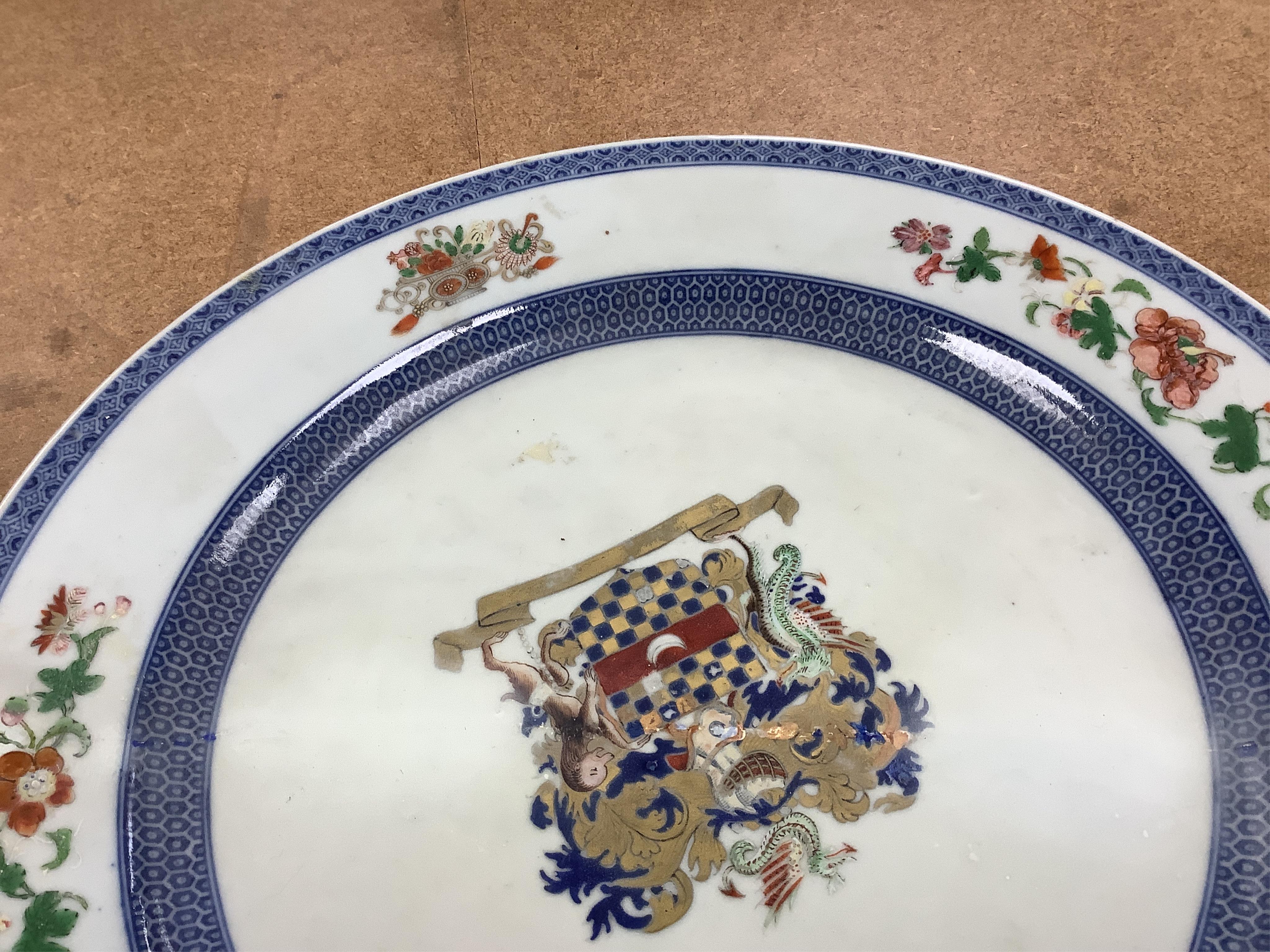 Two 18th century Chinese armorial dishes with arms of Way and Clifford, largest 35cm. Condition - both restored